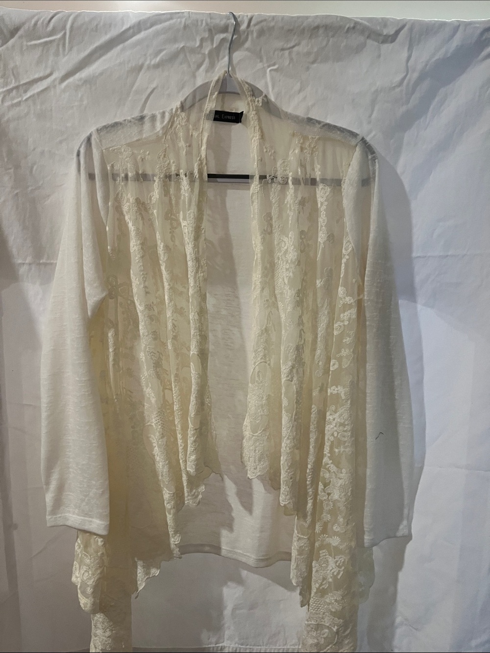 L Casual Express Express Sheer Lace Open-Front Cardigan - Cream
